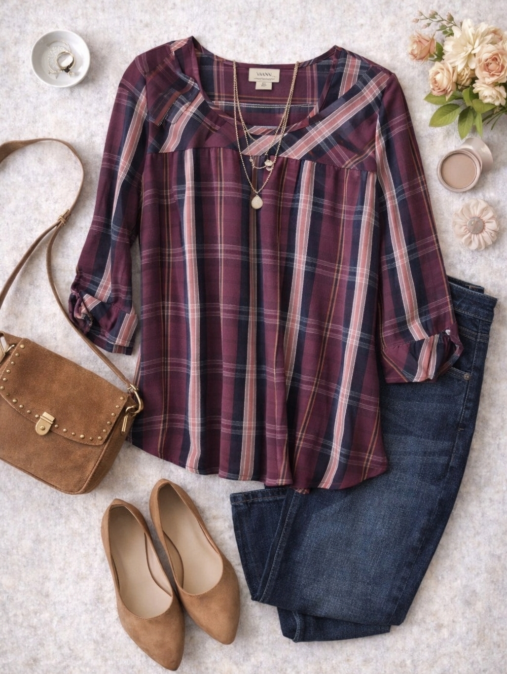 Van Heusen Women's Checkered Blouse - Burgandy and Navy XL